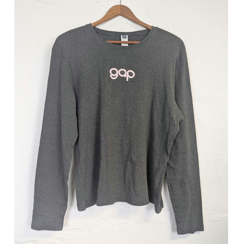 Gap Long Sleeve T Shirt Grey Pink Logo Spell Out Retro Cotton Classic Womens XL